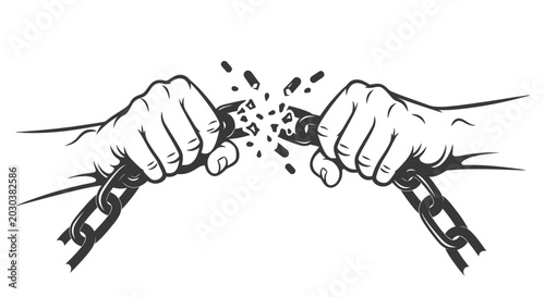 Foto Human hands forcefully breaking a strong metal chain.