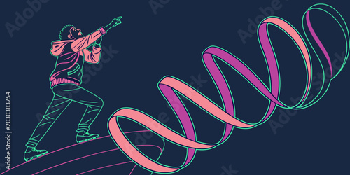Foto Young man pointing towards an ascending infinity spiral graphic with future orie