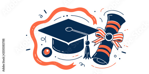 Εκτύπωση καμβά Graduation cap and rolled diploma illustration with ribbon graduation ceremony e