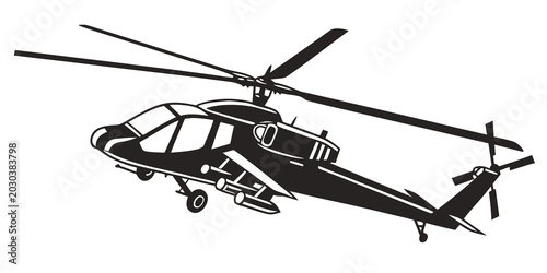 Foto Black and white vector graphic of tactical attack helicopter with helicopter mil