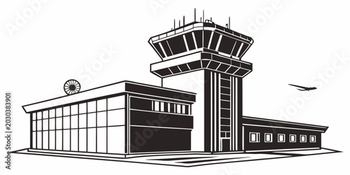 Schilderij op canvas Airport control tower with airplane flight vector illustration airplane aviation