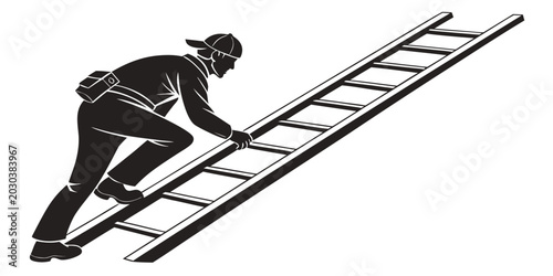 Foto Worker climbing ladder wearing cap side view illustration with blue collar climb