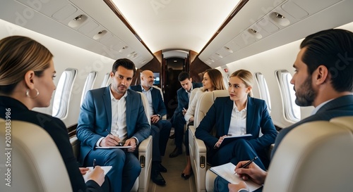 Business professionals having a meeting inside an aircraft discussing strategies and sharing ideas during a corporate flight for effective teamwork and collaboration