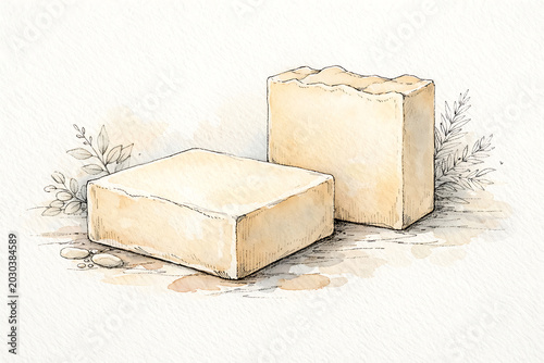 Two rectangular artisanal soap bars with botanical sprigs watercolor
