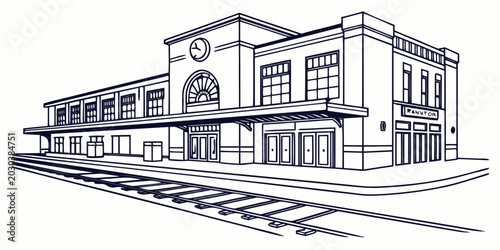Tableau sur toile Vintage railway train station terminal building exterior architectural line draw
