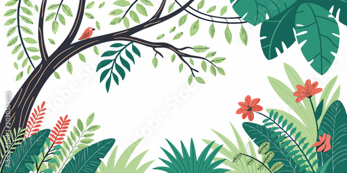 Bild auf Leinwand Tropical jungle foliage frame with exotic flowers and a small bird tropical bota