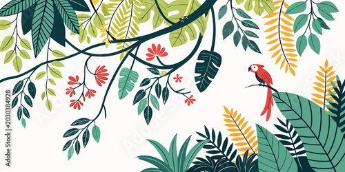 Foto Exotic parrot in a tropical jungle with lush leaves and flowers tropical rainfor