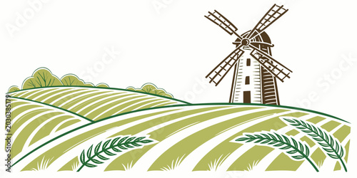 Canvastavla Rural countryside landscape with windmill and cultivated agricultural fields lan