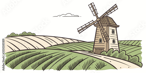 Canvastavla Rustic windmill in rolling hills countryside sketch illustration with windmill l