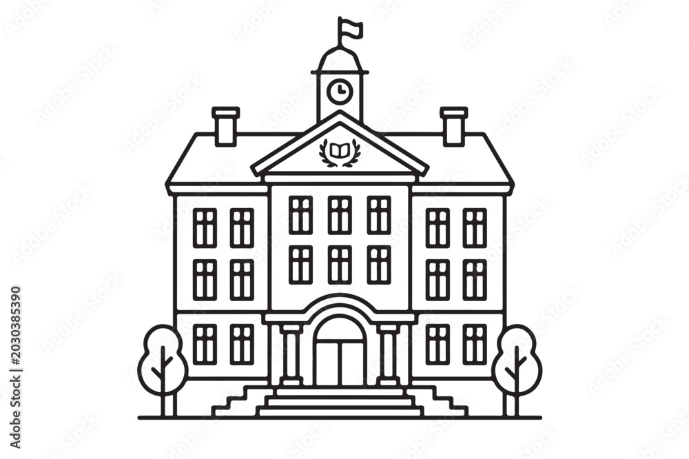 Fototapeta premium Linear drawing of a traditional building with a clock tower and trees, line art