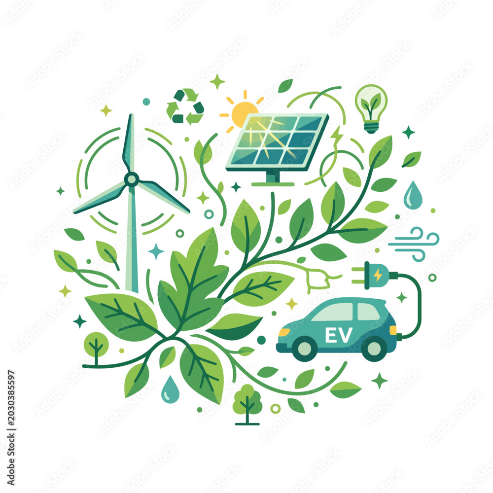 Naklejka premium Eco friendly sustainable energy and electric vehicle illustration.