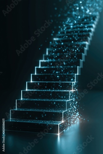 Glowing holographic staircase showing business growth, glowing blue particles, dark minimalist background, concept of success and progress, 3D render style
