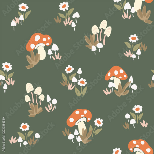 Beautiful hand painted mushrooms and florals as an abstract holiday botanical pattern in colors of red, beige, off white, brown and green. Easter seamless vector pattern. Great for home decor, fabric.