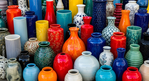 A vibrant market stall displays numerous colorful ceramic vases on a table outdoors.