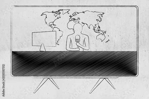 news and mass media, tv set with world news anchorman on the screen