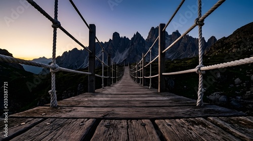 Wooden suspension bridge over misty mountain valley at dusk with dramatic lighting