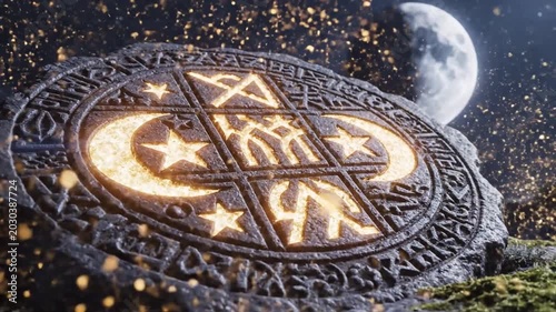 Ancient carved stone tablet under full moon at night