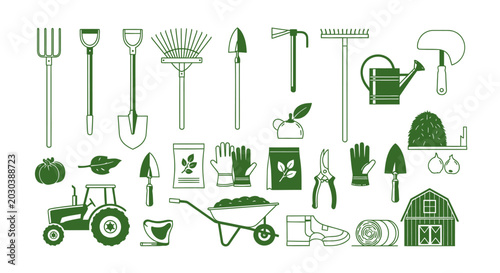 Foto Green gardening tools and equipment icons.