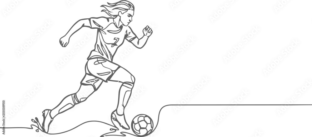 Fototapeta premium Line art illustration of a female soccer player dribbling
