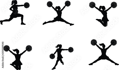 Fotografie Cheerleader Silhouette Collection Featuring Dynamic Jumping and Dance Poses with