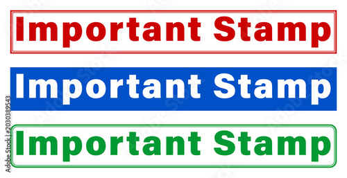 Three important stamp labels with different colored borders and text