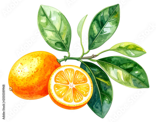 Watercolor of a whole orange and a sliced half with green leaves on a branch