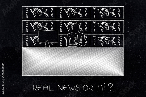 artificial intelligence in news media, anchorman with Real News or AI text