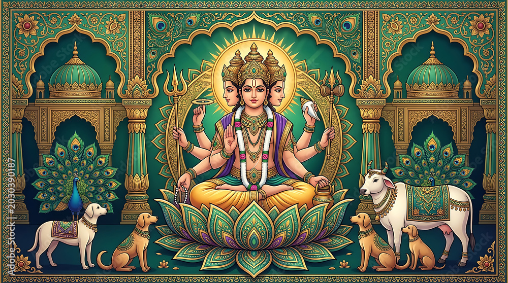 Fototapeta premium Intricate depiction of goddess Durga with divine multiple arms seated on a lotus flower amid a luxurious temple setting