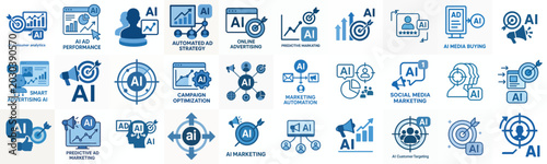 flat vector icon AI in marketing (targeting ads) blue color