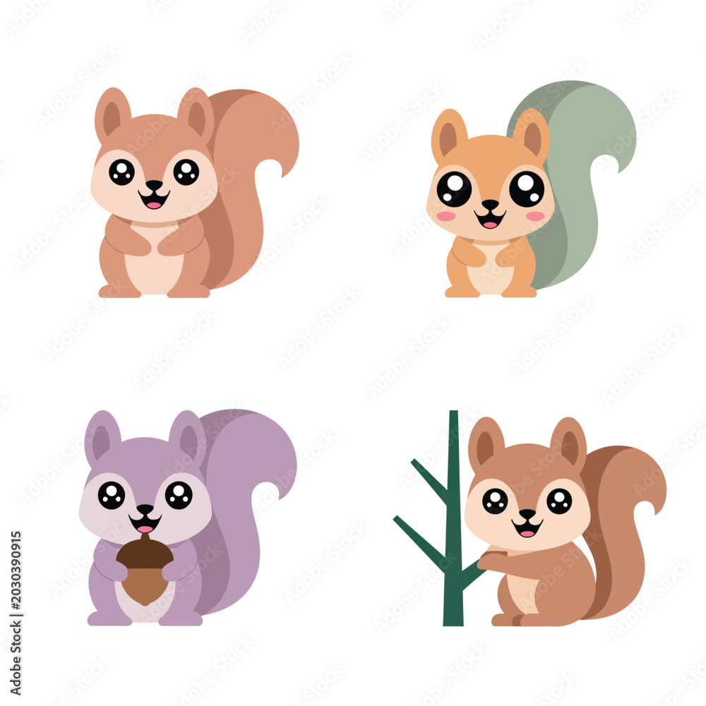 Fototapeta premium Playful Forest Squirrels, Cute Characters With Acorns And Tree Branch, Colorful Flat Style, Sticker Pack Icon Set, Clipart Collection