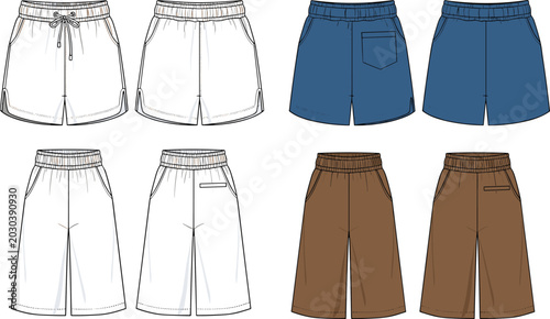 Foto Technical fashion illustration set of vector summer shorts and wide leg culottes