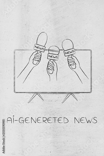 artificial intelligence in news media, tv with microphones popping out of screen and AI generated news text