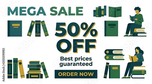 Mega Sale Book Discount Illustration With Characters Reading.