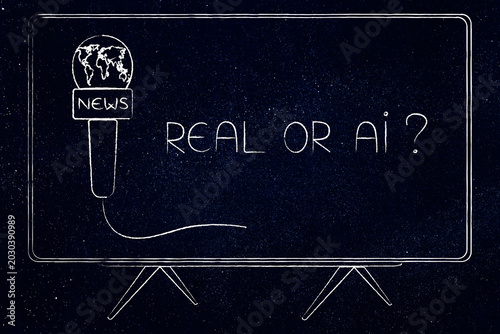 artificial intelligence in news media, tv set with news microphone and text Real or AI