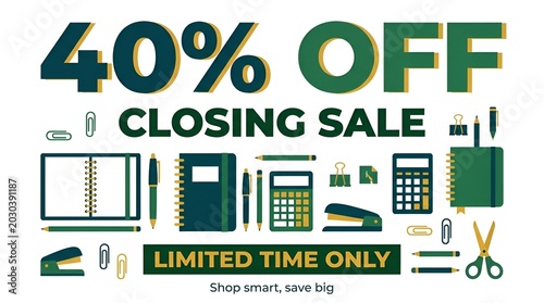 Colorful forty percent off closing sale advertisement graphics.