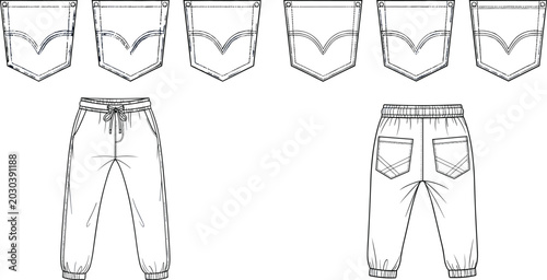 Quadro su tela Vector technical fashion illustration of casual jogger pants featuring an elasti