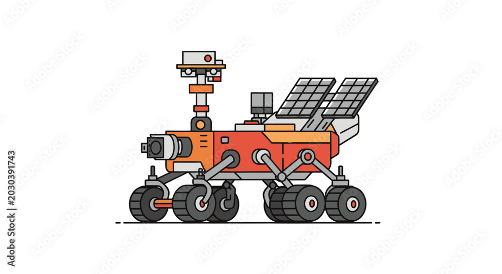 Fototapeta premium Orange Mars Rover with Solar Panels on White Background, Science Exploration Vehicle