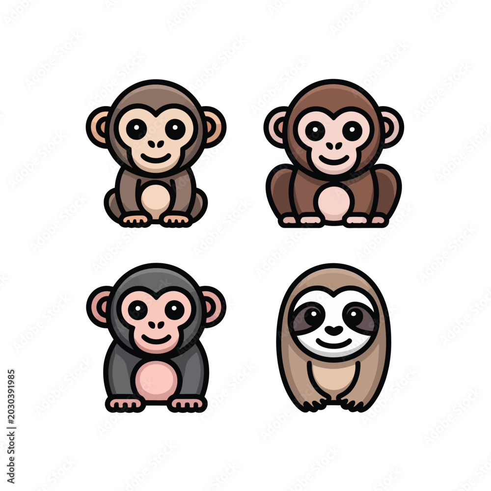 Fototapeta premium Monkey And Sloth Characters, Cute Jungle Friends, Minimal Style Icon Set, Flat Vector Icons, Clipart Collection, Decorative Elements For Learning