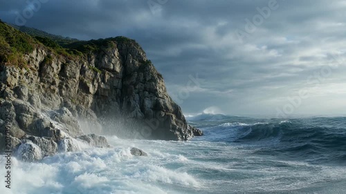 Stormy ocean waves crashing against cliff.