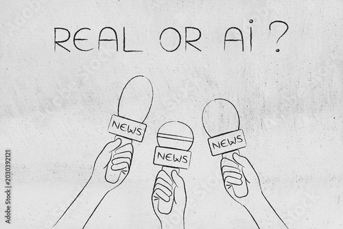 artificial intelligence in news media, hands holding microphones with Real or AI text