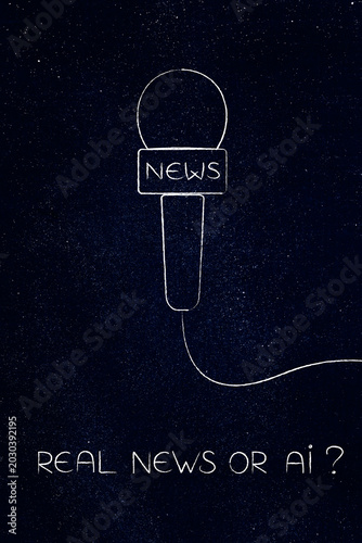artificial intelligence in news media, microphone with Real News or AI text