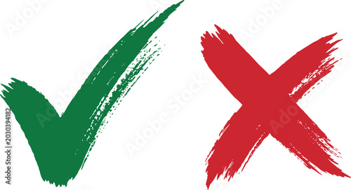Tableau sur toile Abstract green check mark and red cross symbols painted with brush strokes on wh