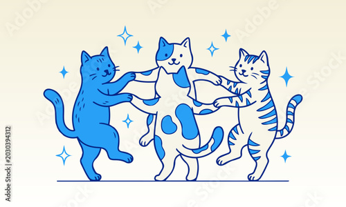 Cute cartoon cats dancing in a circle vector illustration. Playful kitten characters holding paws with magic sparkles. Happy doodle line art of funny pets celebrating isolated on background.
