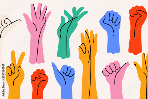 Foto colorful hands illustration with diverse gestures on white background