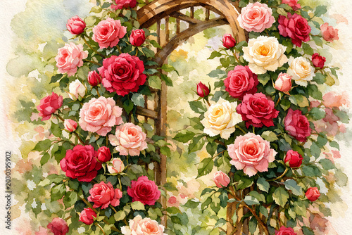 Watercolor of a wooden garden arch covered in blooming red pink and white roses
