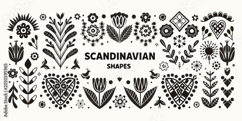 scandinavian folk art motifs black and white vector illustration