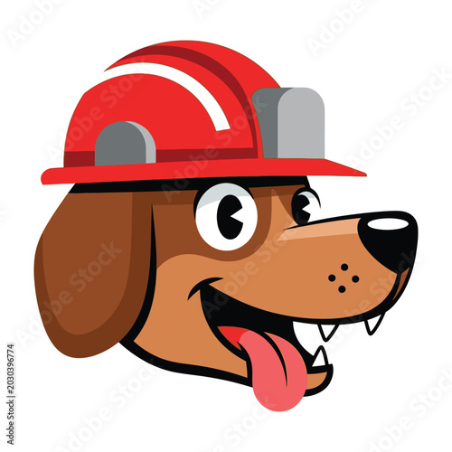 Schilderij op canvas Fire dog cartoon character wearing red helmet