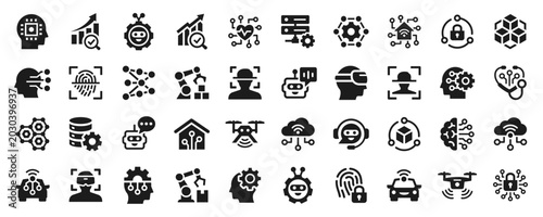 Futuristic technology and AI icons with robotics, smart systems and biometrics elements. Symbol collection for innovative software and digital platforms.