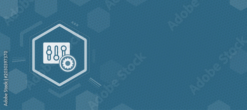 Abstract technology background with a blue hexagonal pattern and a white icon representing settings, configuration, control panel, and digital optimization for software