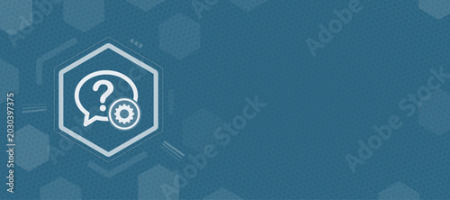 Abstract technical support background with a speech bubble and question mark icon inside a hexagon frame, conceptual graphic for customer service and troubleshooting